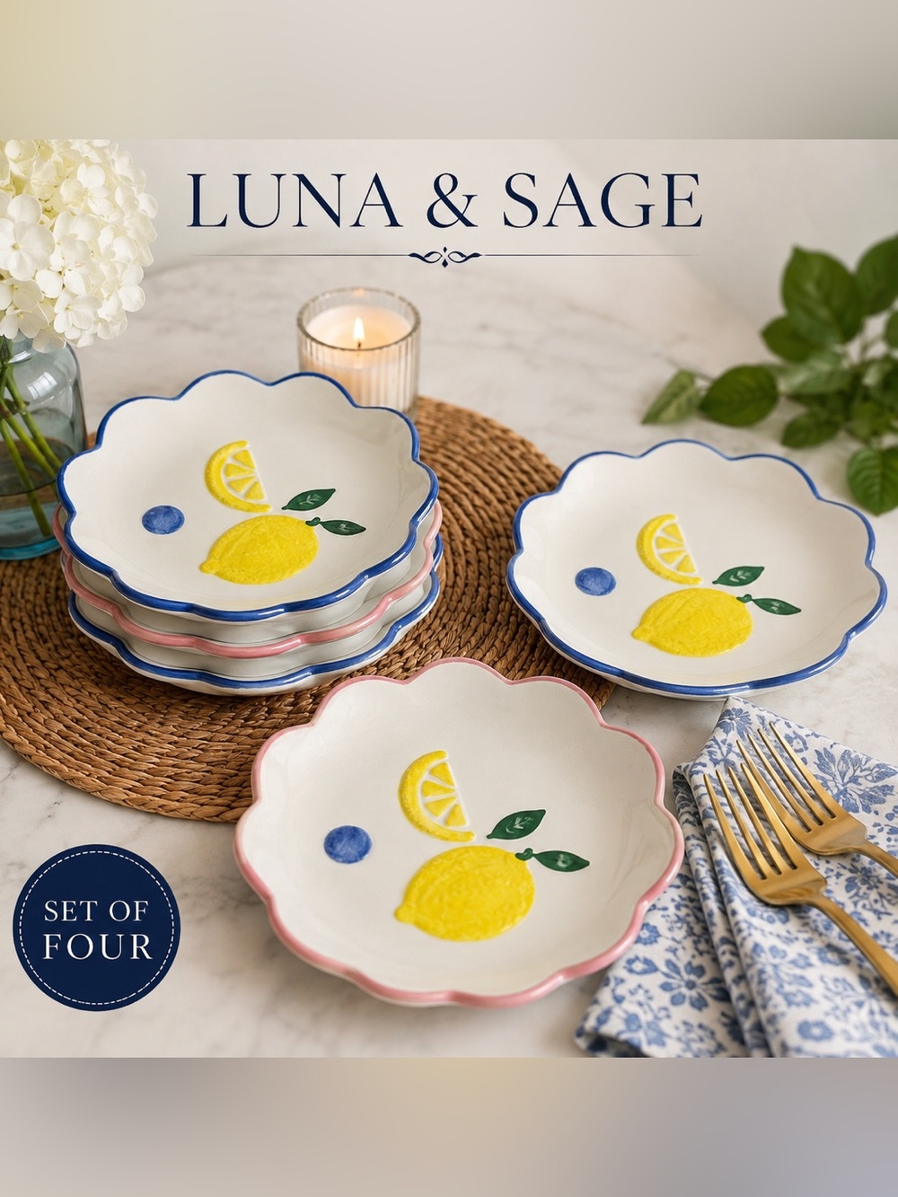 🍋 Luna & Sage Lemon Mini Dessert Plates – Set of 4